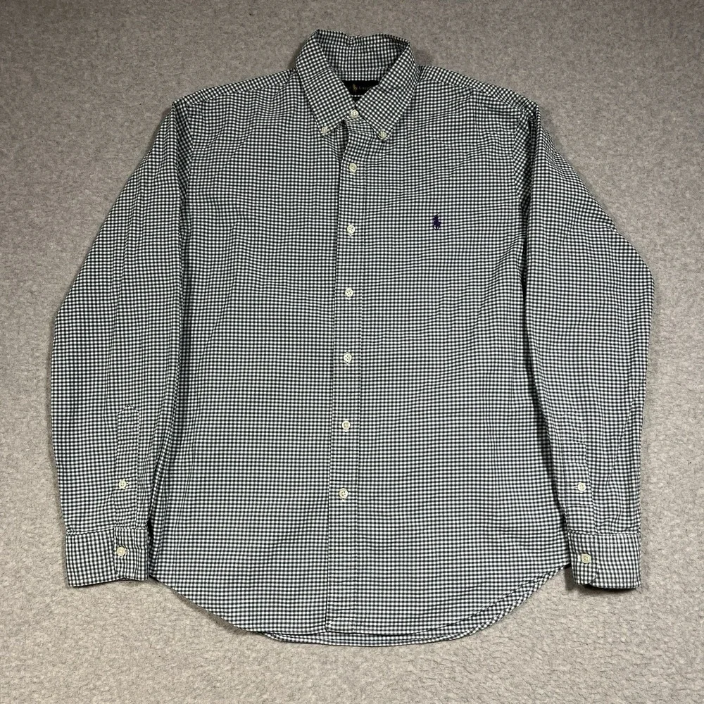 Polo Ralph Lauren Shirt Mens Medium Green Gingham Plaid Slim Fit Stretch Oxford